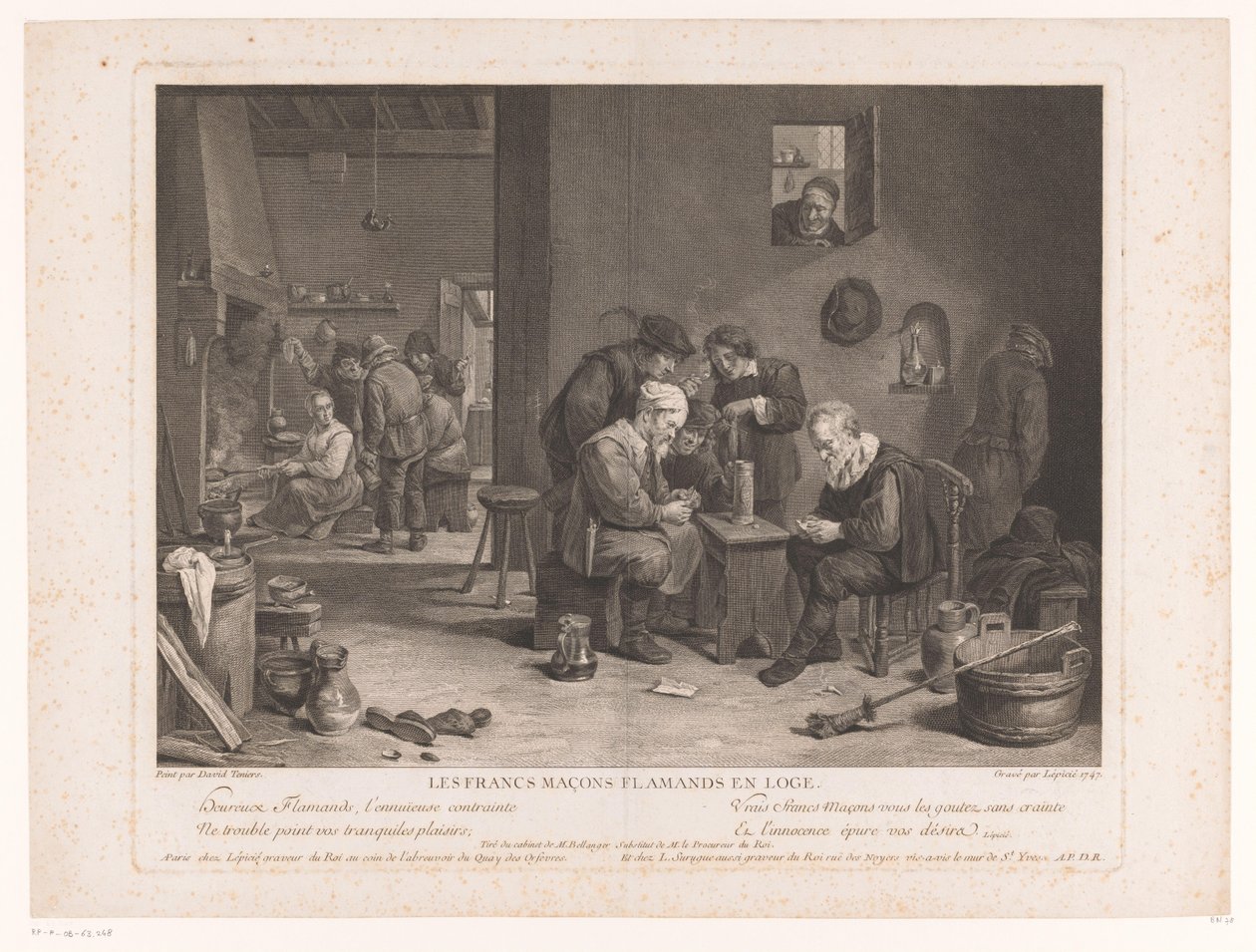 Interior da pousada com figuras de jogo de cartas Les Francs Maçons Flamands en Loge (título no objeto) de Bernard François Lépicié