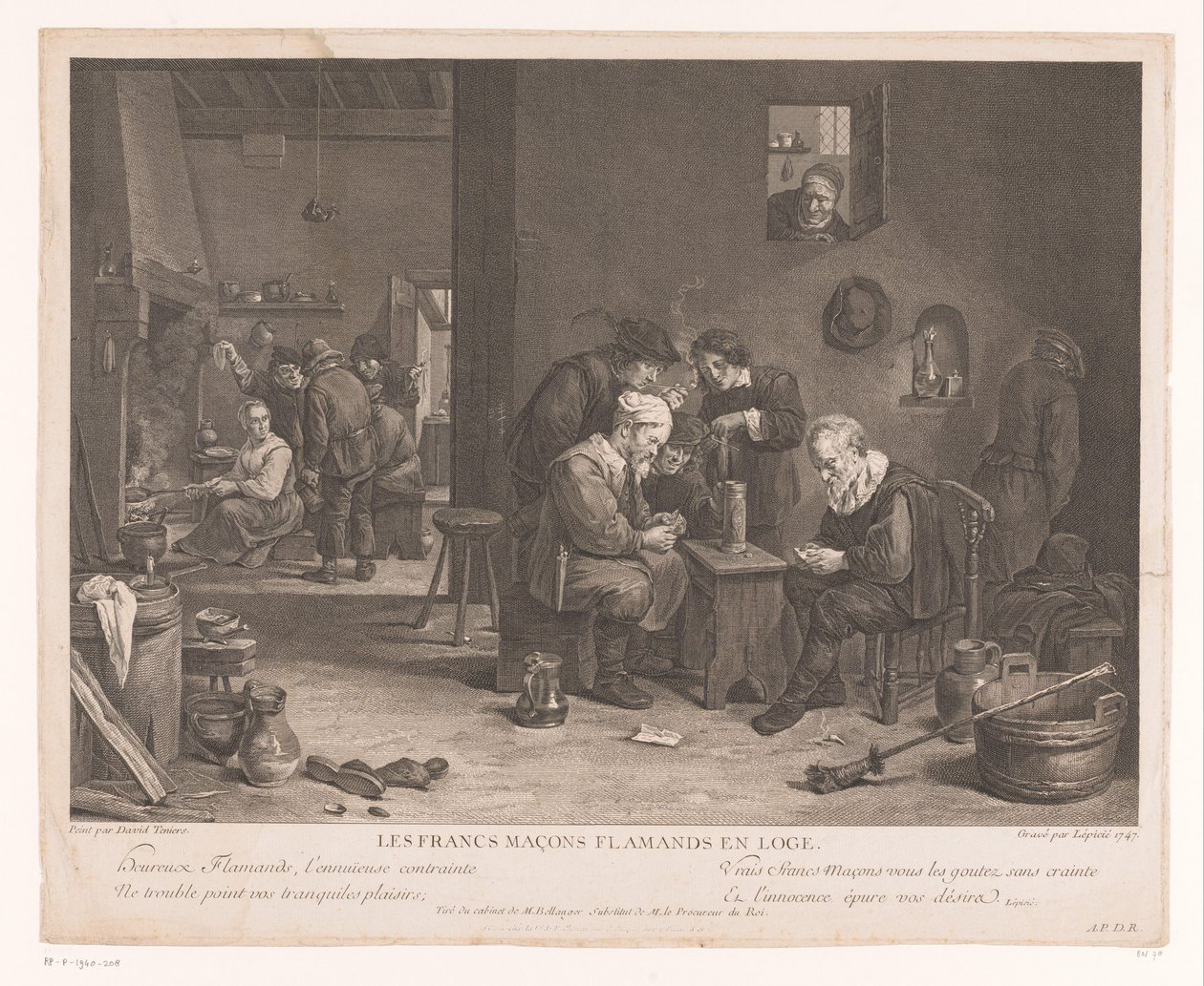 Interior da pousada com figuras de jogo de cartas Les Francs Maçons Flamands en Loge (título no objeto) de Bernard François Lépicié