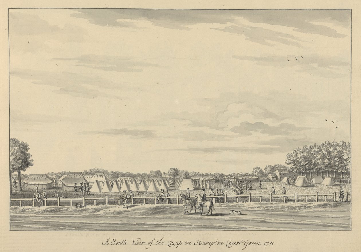 Vista sul do acampamento em Hampton Court Green 1731, 1731-33 (caneta e tinta preta e lavagem sobre papel) de Bernard III Lens