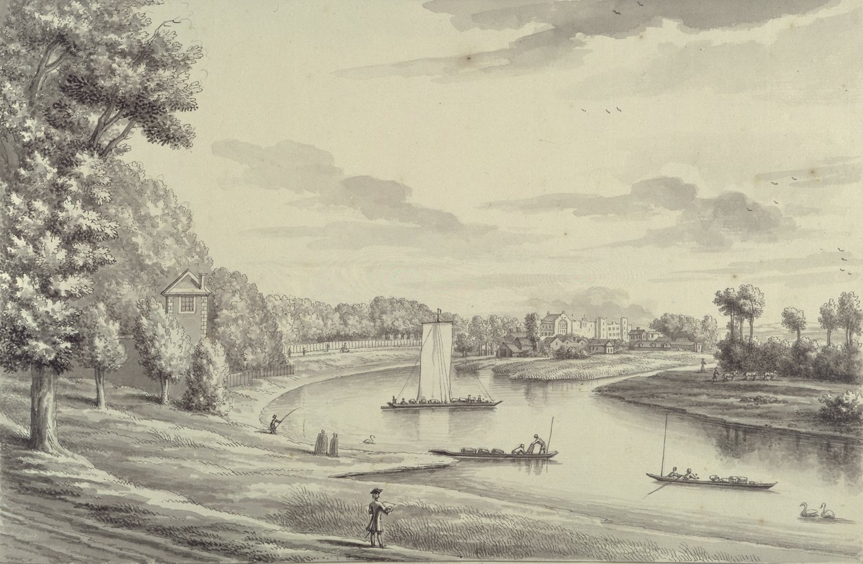 Vista oeste de Hampton Court Ferry e Hampton Church à distância, 1731-33 (caneta e tinta preta e lavagem sobre papel) de Bernard III Lens