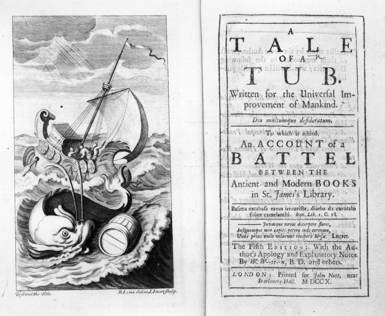 Frontispício e título para um conto de uma banheira por Jonathan Swift, gravado por John Sturt, 1704 de Bernard II Lens