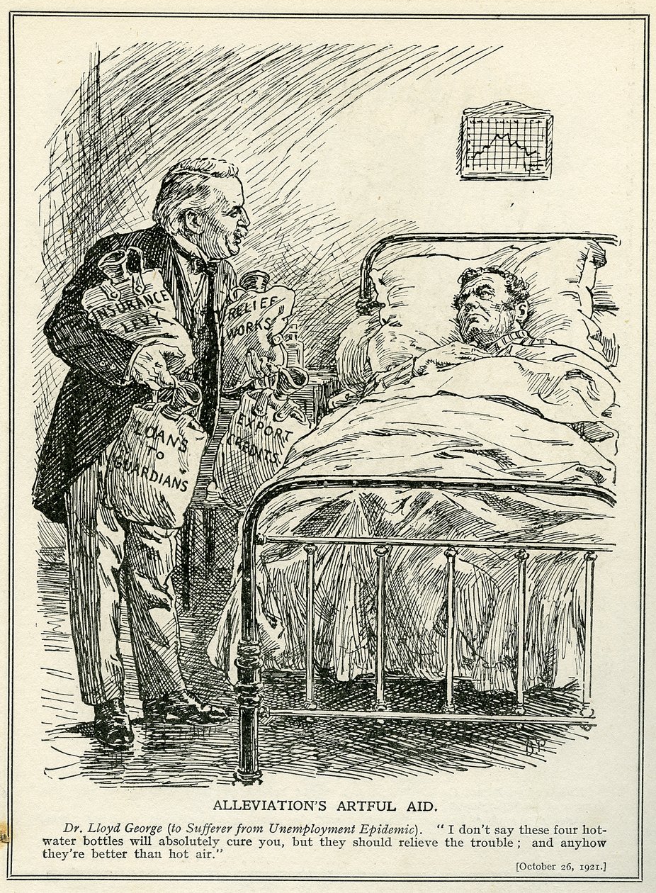 O Dr. Lloyd George propõe curar o doente da epidemia de desemprego com quatro garrafas de água quente, 