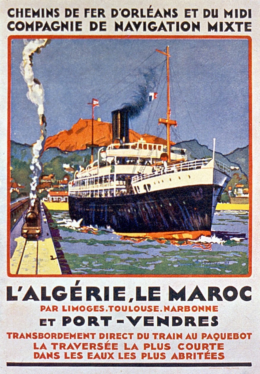 Cartaz publicitário do caminho de ferro francês que vai para a Argélia e Marrocos a partir de França via Limoges, Toulouse, Narbonne e Port Vendres, c. 1900 de Bernard Lachevre