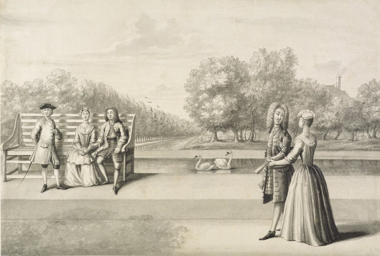 Figuras na margem do Long Water, Hampton Court Palace (lavagem cinza com caneta e tinta sobre lápis sobre papel) de Bernard Lens