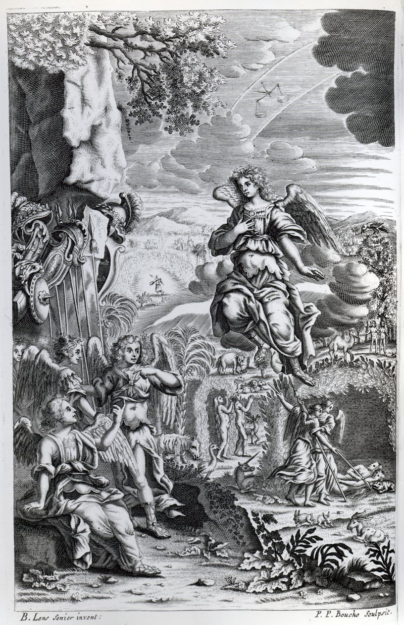 O arcanjo Uriel informa a Gabriel que Satanás está no Jardim do Éden, ilustração de &39;Paradise Lost&39;, de John Milton, gravada por PP Bouche, sexta edição, 1695 de Bernard Lens