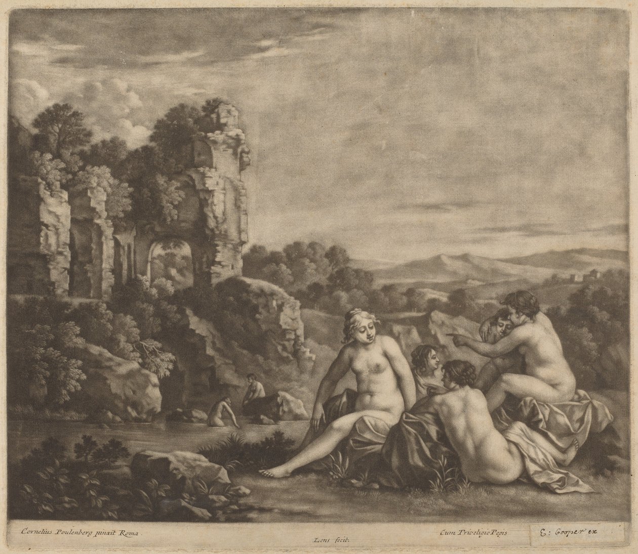 Banhistas em uma paisagem de Bernard Lens, after Cornelis van Poelenburch