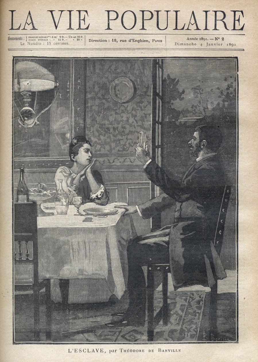 Uma mulher ouve com amor e admiração o discurso do homem sentado à sua frente, num jantar de casal. A ilustração de B. Borione de "The Slave" de Theodore de Banville (1823-1891). Gravura de 1891 em "La vie populaire". Coronel privado de Bernard Louis Borione