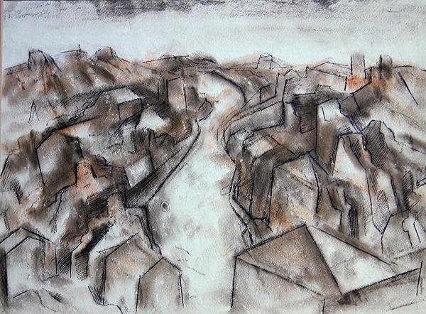 Uma rua tranquila (lavagem a giz colorido com tinta azul) de Bernard Meninsky