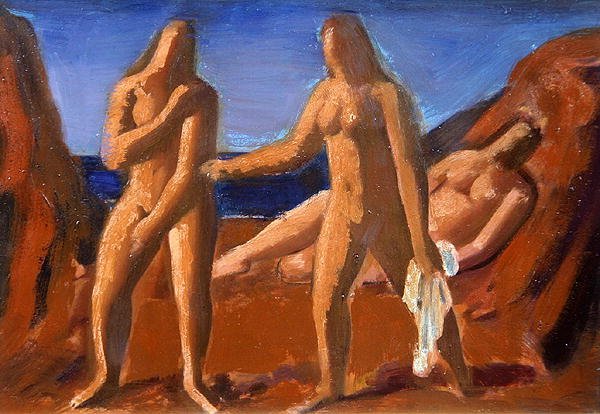 Grupo de banhistas (óleo a bordo) de Bernard Meninsky