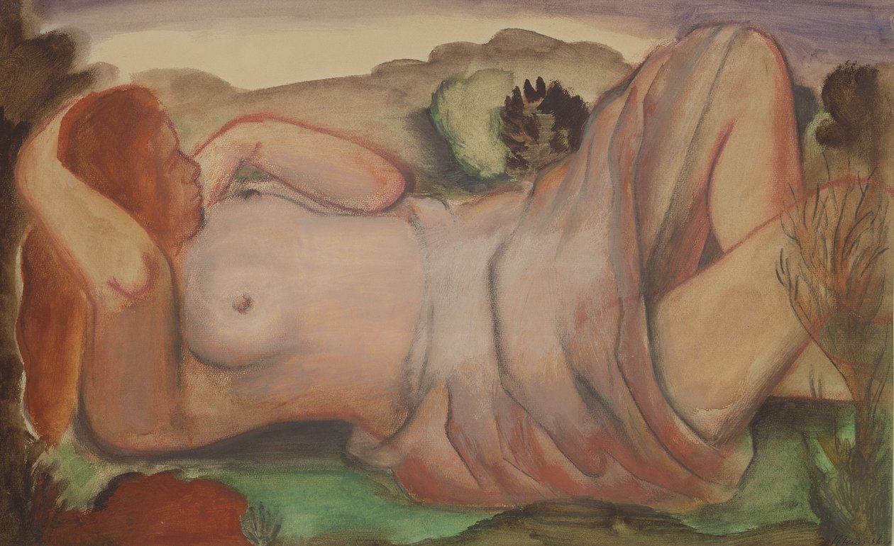 Reclinado nu numa paisagem, c.1940 (guache, aguarela e lápis) de Bernard Meninsky