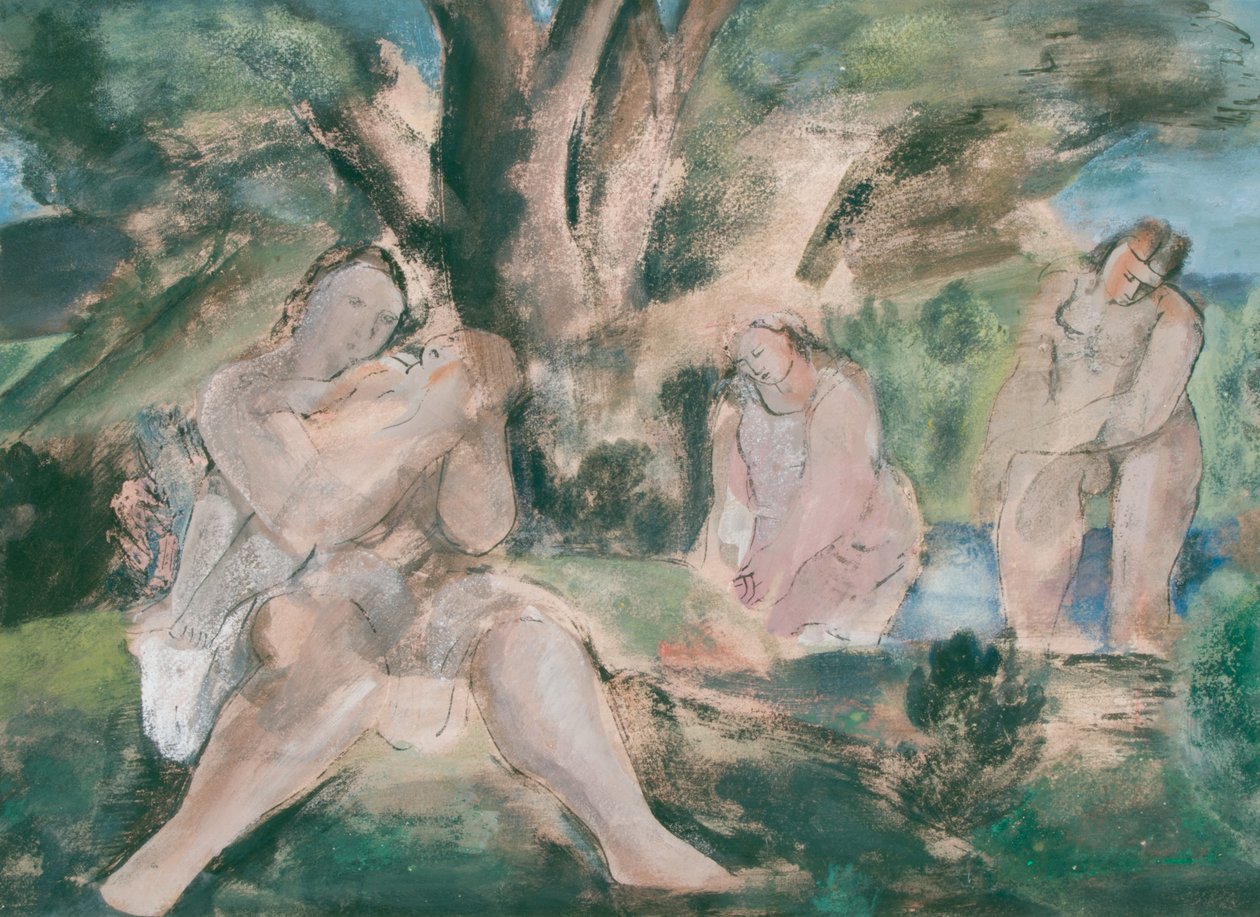 Três mulheres e crianças tomando banho debaixo de uma árvore (aquarela e tinta sobre papel) de Bernard Meninsky
