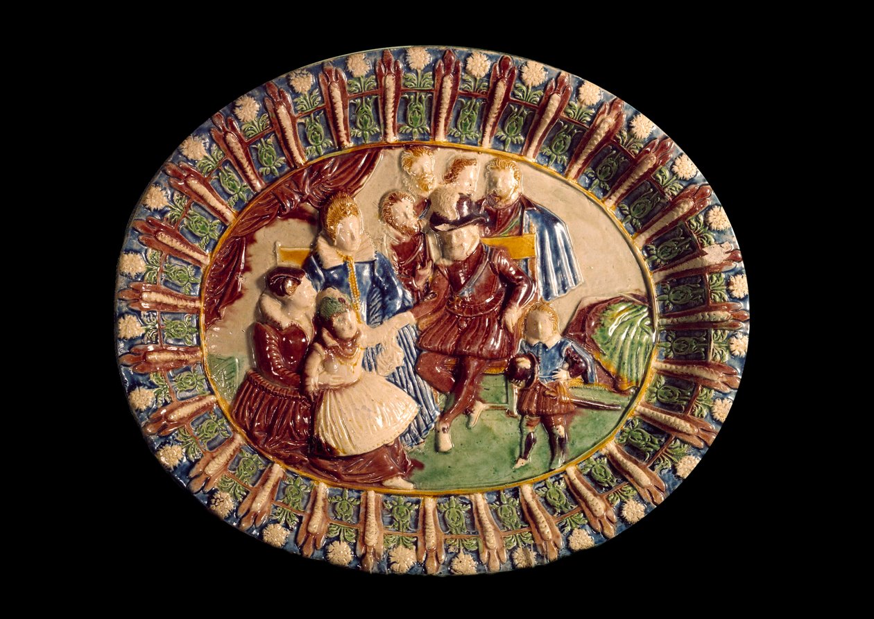 Um prato representando Henri IV e sua família. Cerâmica em terra vidrada por Bernard Palissy (1510-1589) de Bernard Palissy