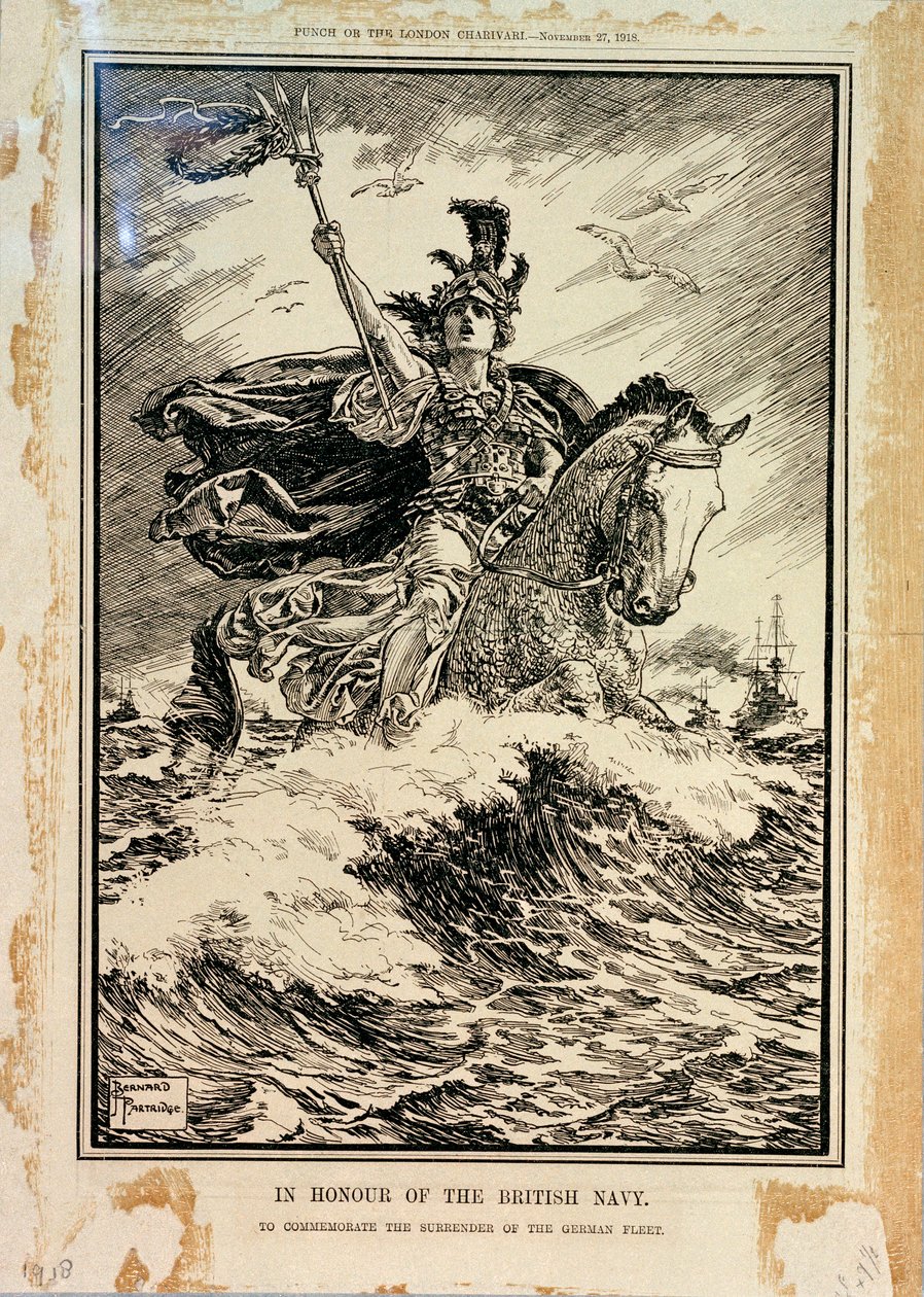 Em Honra da Marinha Britânica. Para comemorar a rendição da frota alemã. Capa da Punch, 27 de novembro de 1918 de Bernard Partridge