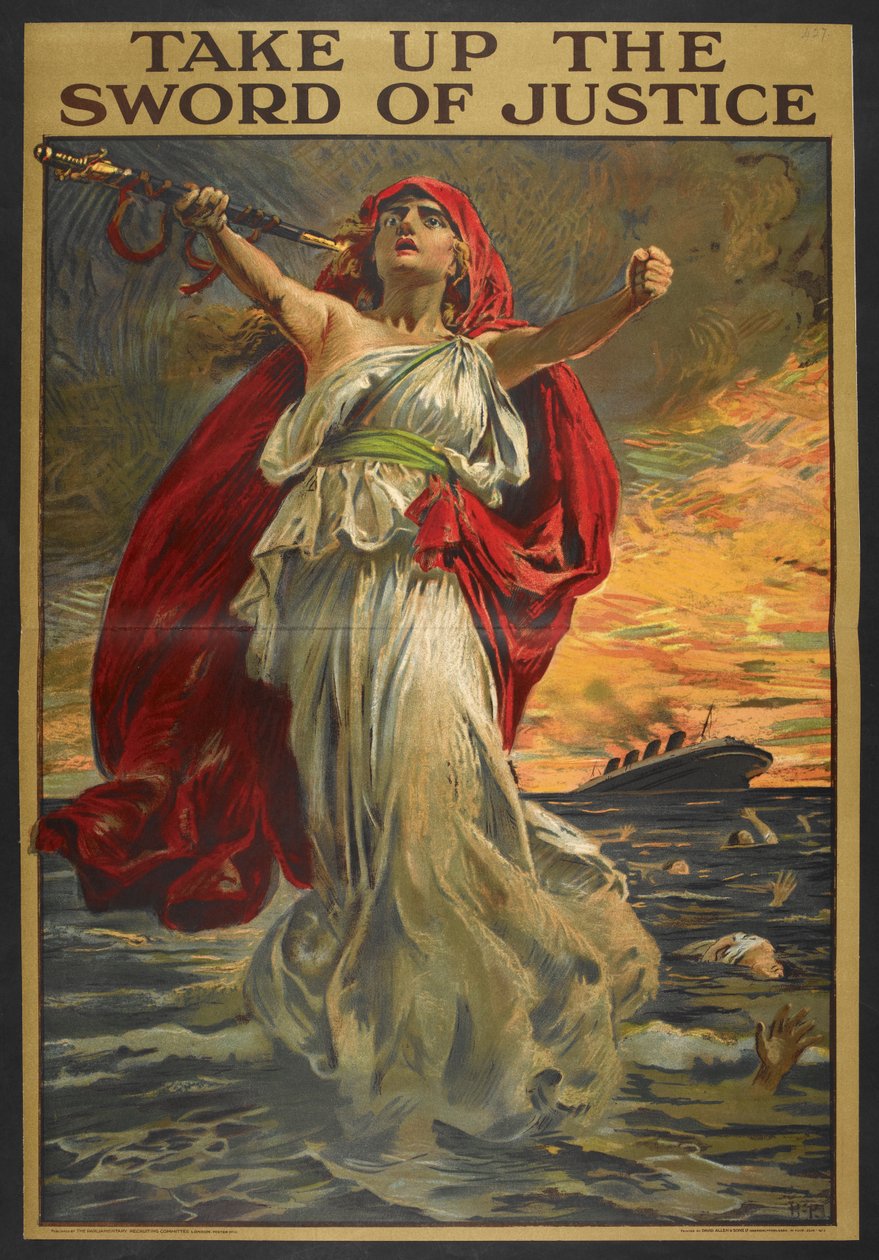 Cartaz de propaganda que mostra pessoas a afogarem-se depois de o seu navio ter sido atacado. Uma figura feminina segurando uma espada. de Bernard Partridge
