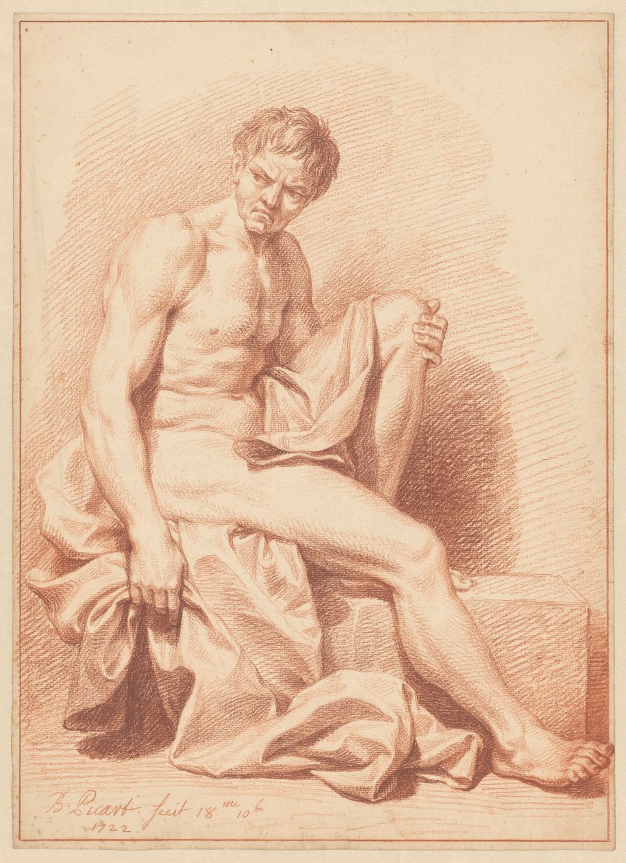 Homem nu sentado com drapejamento de Bernard Picart (signed by artist)