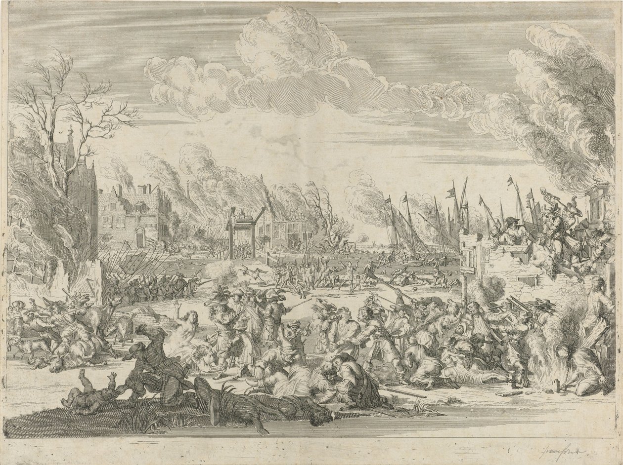 Atrocidades francesas em Bodegraven e Zwammerdam, 1672 de Bernard Picart (workshop of)