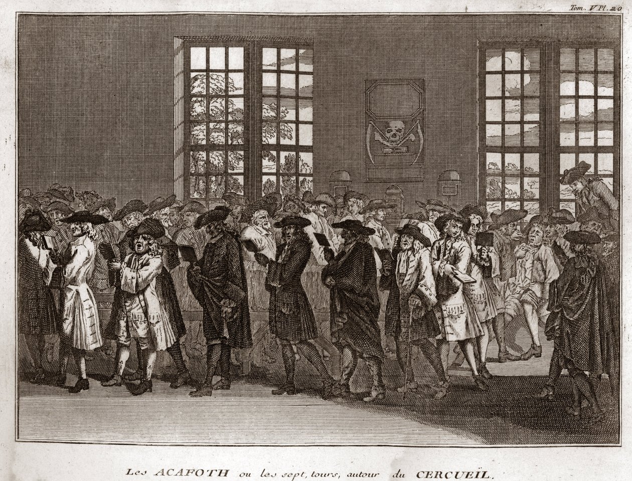 Uma congregação de lamentadores judeus executando o "Acafoth" num funeral Gravura de "Illustration de ceremonies et customs religieuses de tous les peuples du monde" de Bernard Picart (1723-1743) 1819 Coleção particular de Bernard Picart
