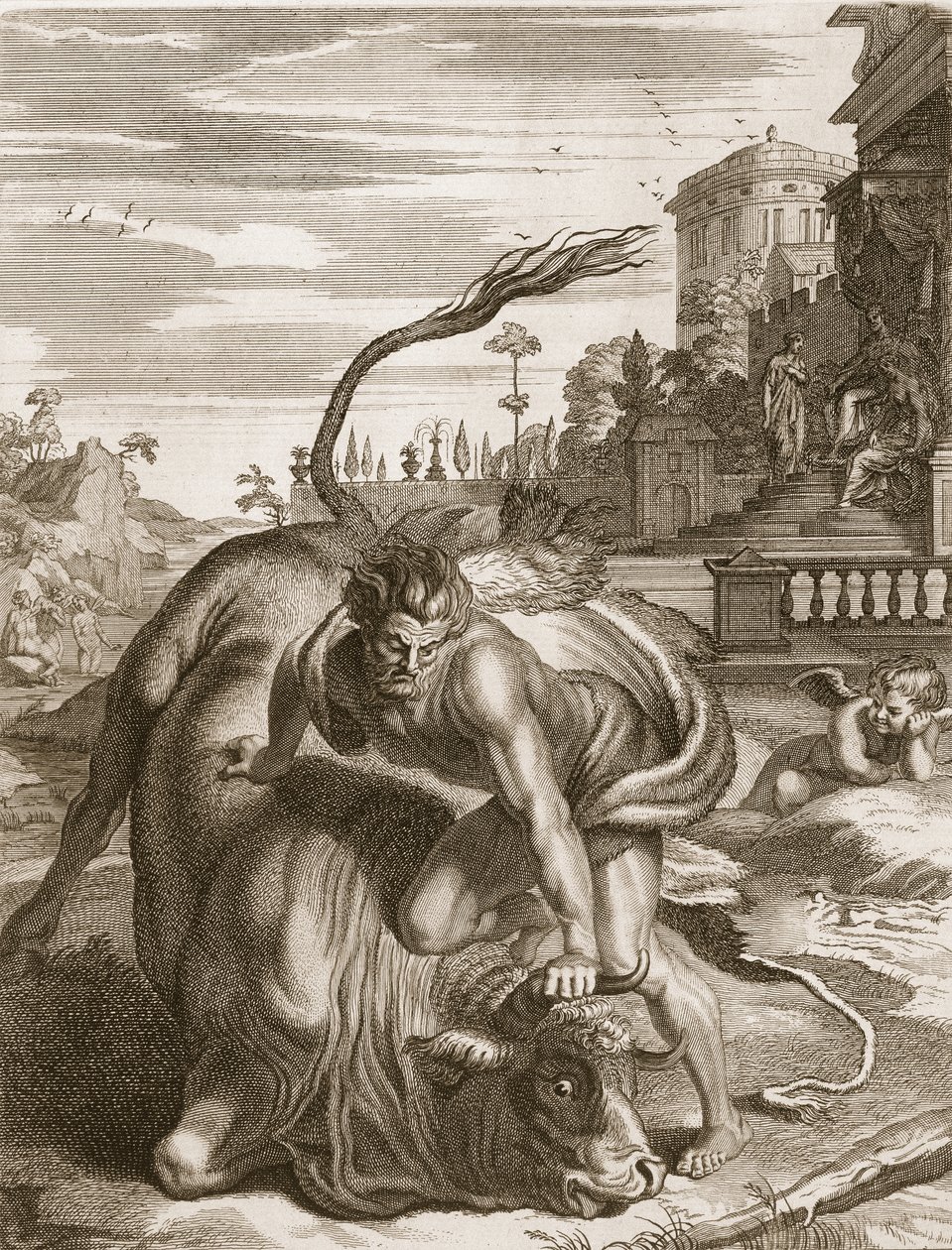 Achelous na forma de um touro é vencido por Hércules, 1731 de Bernard Picart