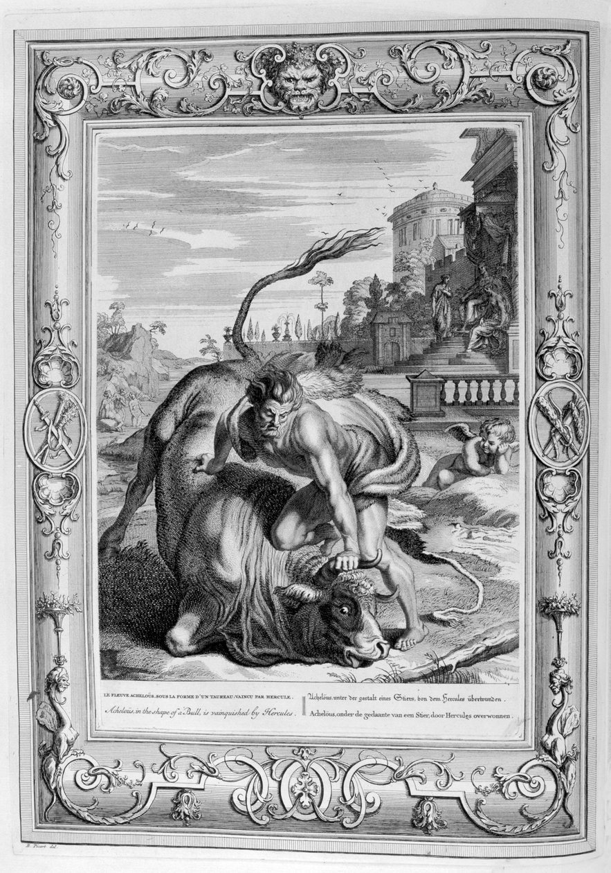 Achelous na forma de um touro é vencido por Hércules, 1733 de Bernard Picart