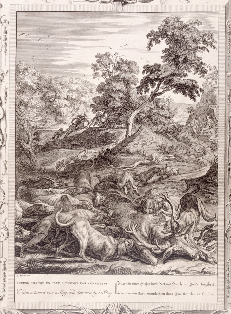 Actaeon se transformou em um veado e devorado por seus cães, 1731 de Bernard Picart