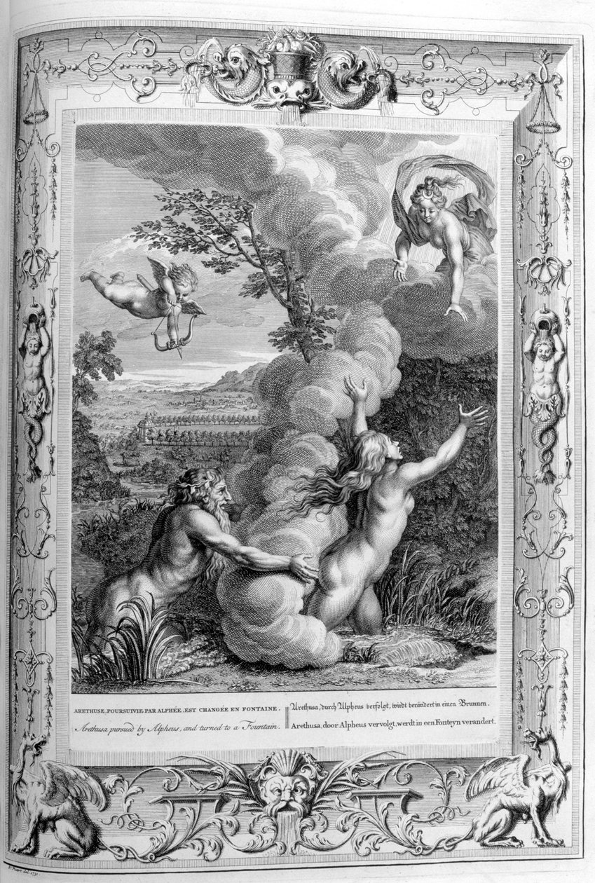 Arethusa perseguida por Alpheus e se transformou em uma fonte, 1733 de Bernard Picart