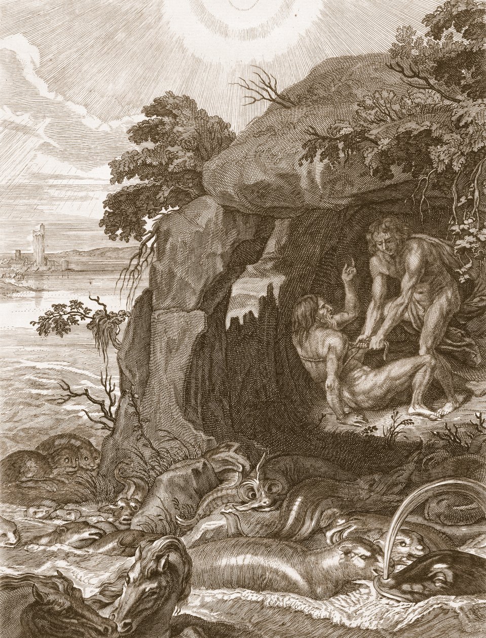 Aristeus compele Proteus para revelar seus oráculos, 1731 de Bernard Picart