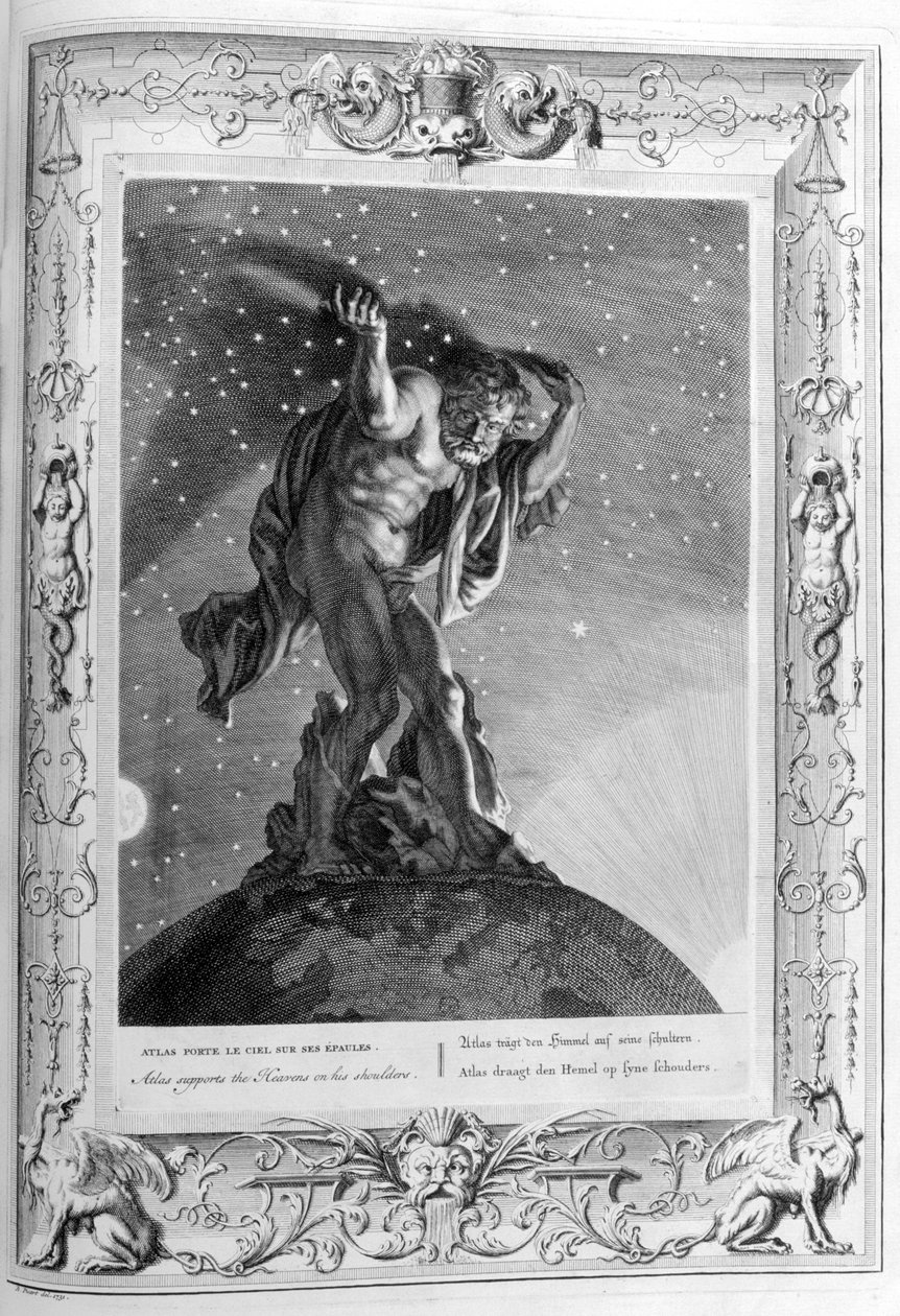 Atlas apoia os céus em seus ombros, 1733 de Bernard Picart