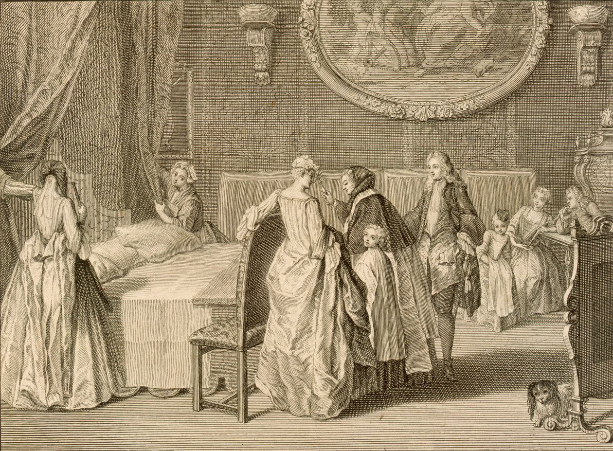 Bênção da cama de casamento, ilustração de &39;cerimônias religiosas e costumes&39;, 1724 de Bernard Picart