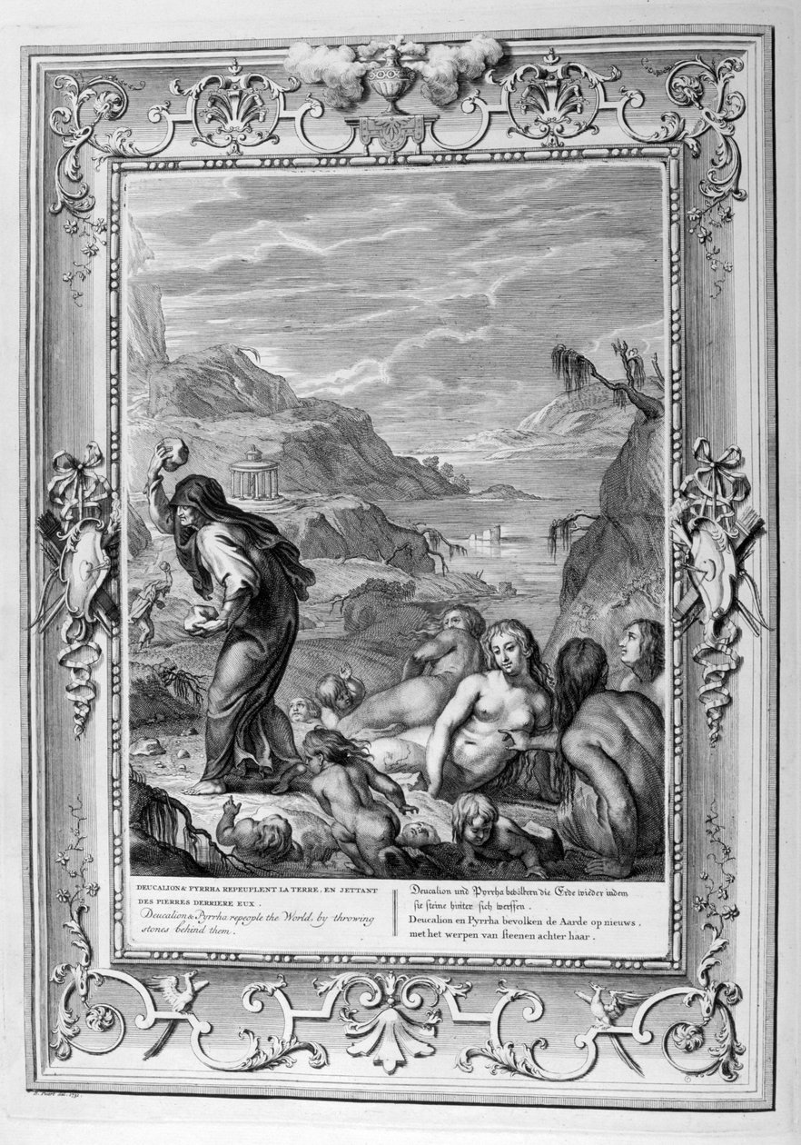 Deucalion sobrevive ao dilúvio com sua esposa, Pyrrha (gravura) de Bernard Picart