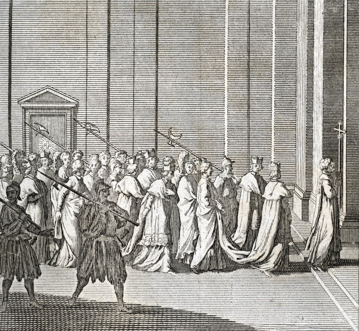 Diferentes etapas do conclave, encontro de cardeais para a eleição de um novo papa: a entrada dos cardeais na capela Sistina (Vaticano: entrada dos cardeais) Gravura da "Ilustração de cerimónias e costumes religiosos de todos os povos de Bernard Picart