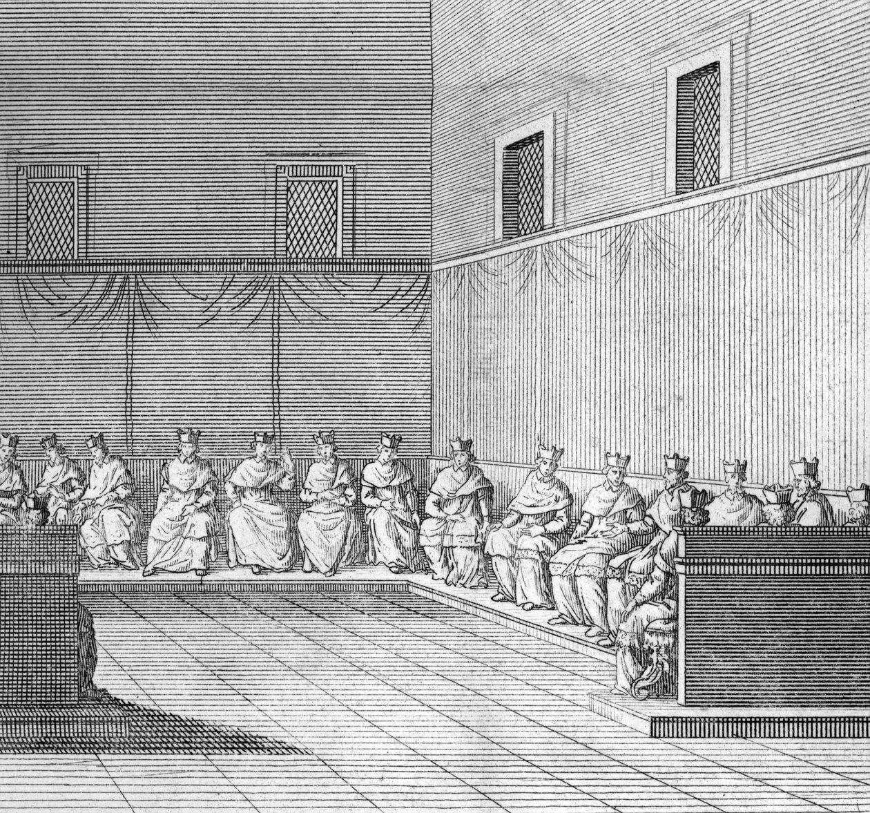 Diferentes etapas do conclave, encontro dos cardeais para a eleição do novo papa: primeira congregação dos cardeais" (Eleição do novo papa durante o conclave na capela Sistina, Vaticano: primeira congregação dos cardeais) Engravi de Bernard Picart