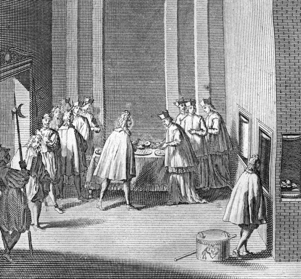 Diferentes etapas do conclave, encontro de cardeais para a eleição de um novo papa: eleição do novo papa durante o conclave na capela Sistina, Vaticano: a comida é verificada durante o conclave) Gravura da "Ilustração de cer de Bernard Picart