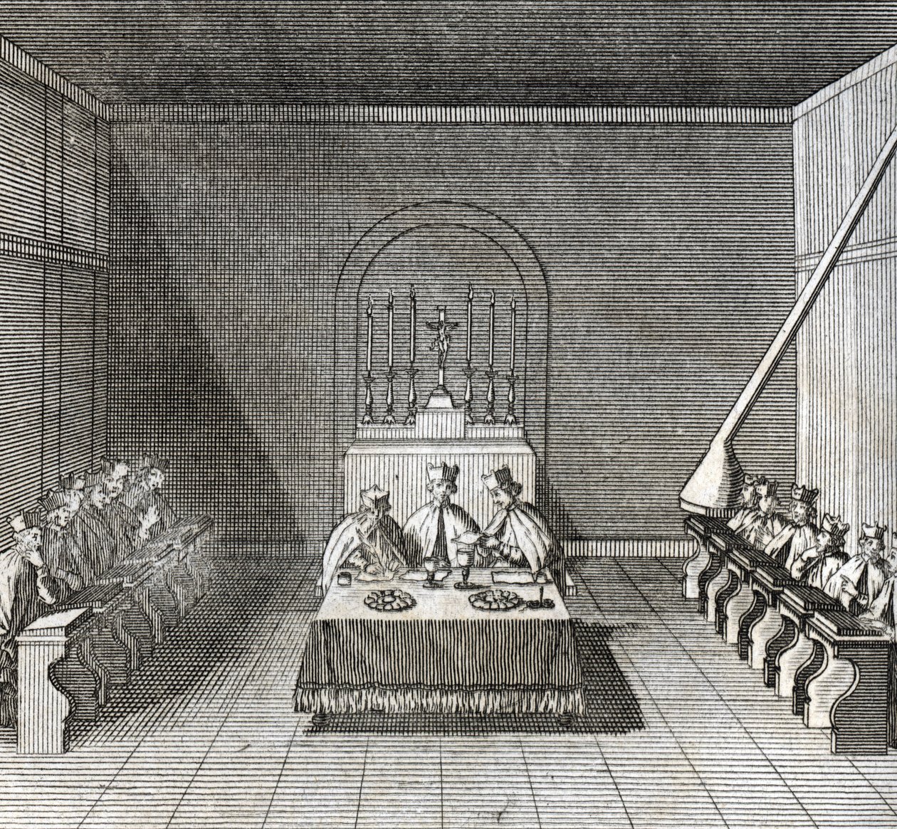 Diferentes etapas do conclave, reunião dos cardeais para a eleição do novo papa: a eleição do novo papa durante o conclave na capela Sistina, Vaticano: cédulas dos cardeais para a eleição do papa) Gravura de "Illustr de Bernard Picart