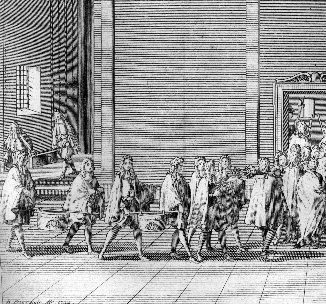 Diferentes etapas do conclave, reunião dos cardeais para a eleição de um novo papa: as rações são feitas durante o conclave (Vaticano: chegada dos alimentos durante o conclave) Gravação a partir da "Ilustração de cerimónias religiosas e costumes de todos o de Bernard Picart