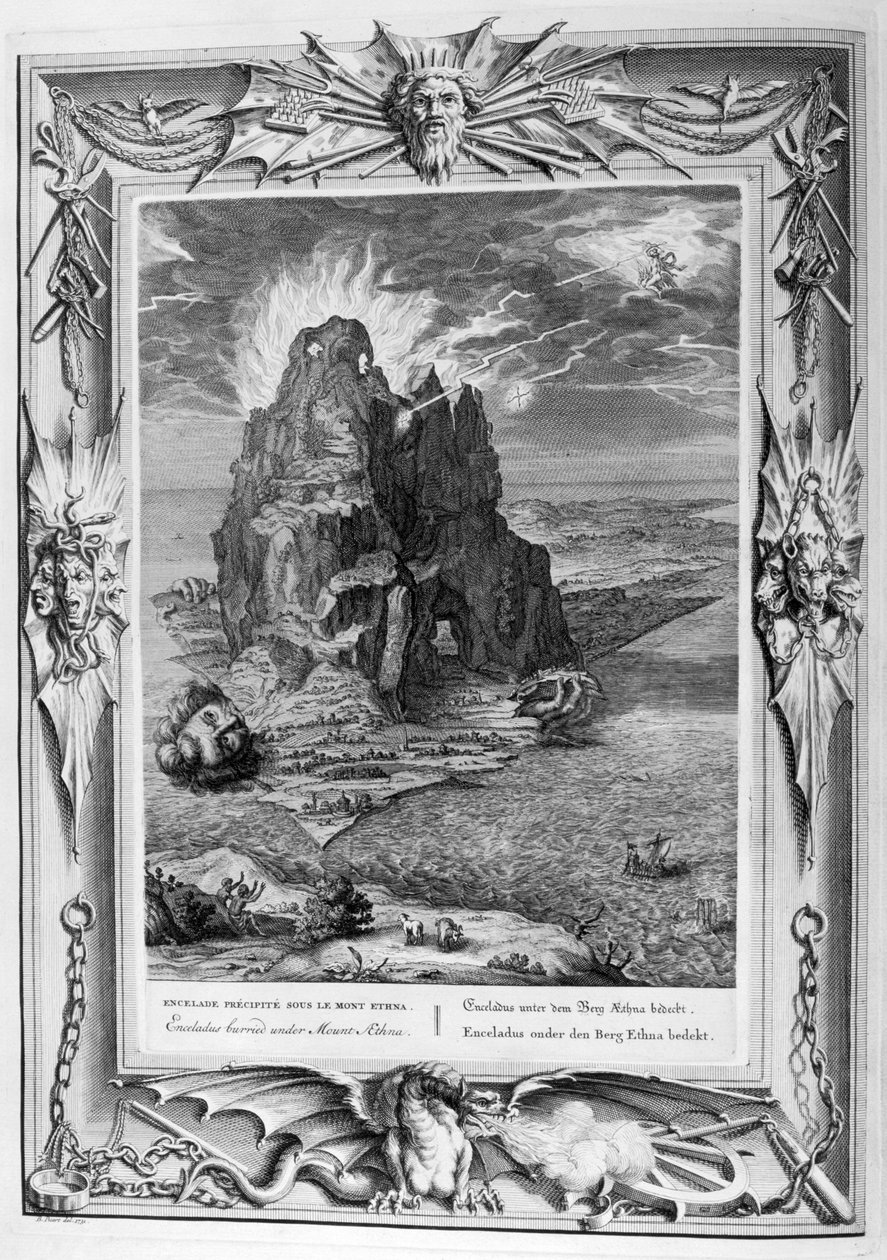 Encecladus in battle at Mount Etna (gravura) de Bernard Picart