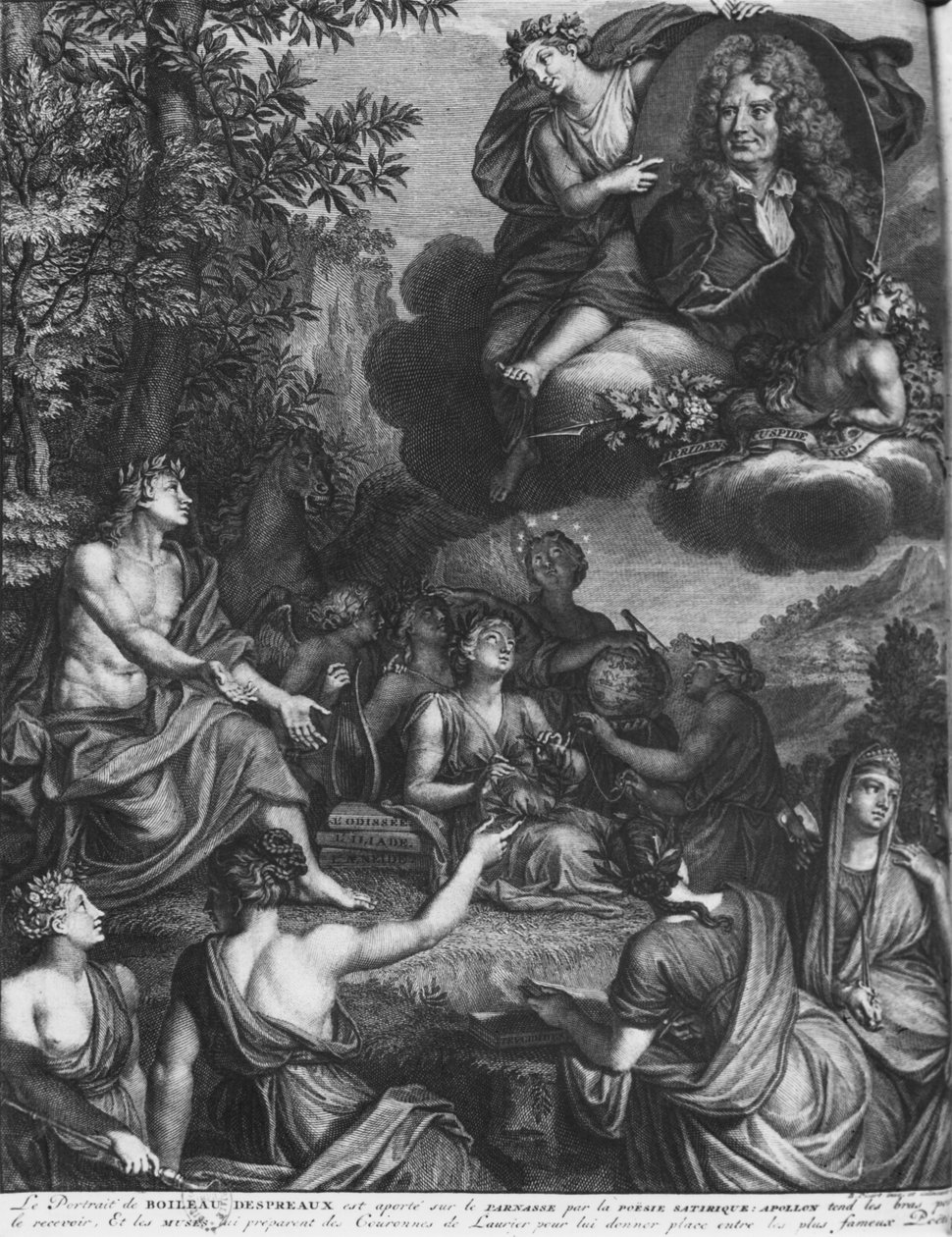 Frontispício de &39;Oeuvres&39; de Nicolas Boileau, conhecido como Boileau-Despreaux, triunfo de Boileau, publicado em 1718, Amsterdã de Bernard Picart