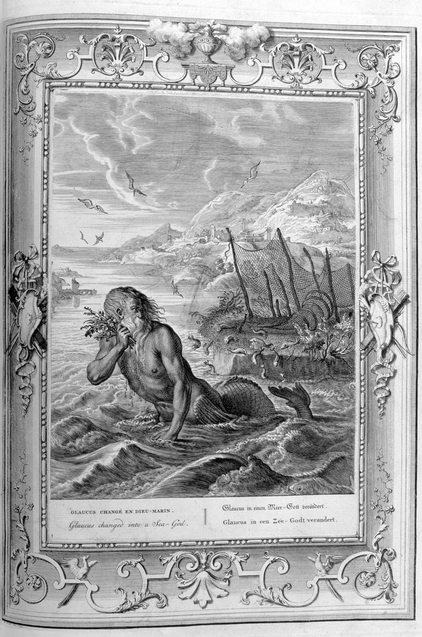 Glaucus transforma-se do homem em deus do mar (gravura) de Bernard Picart