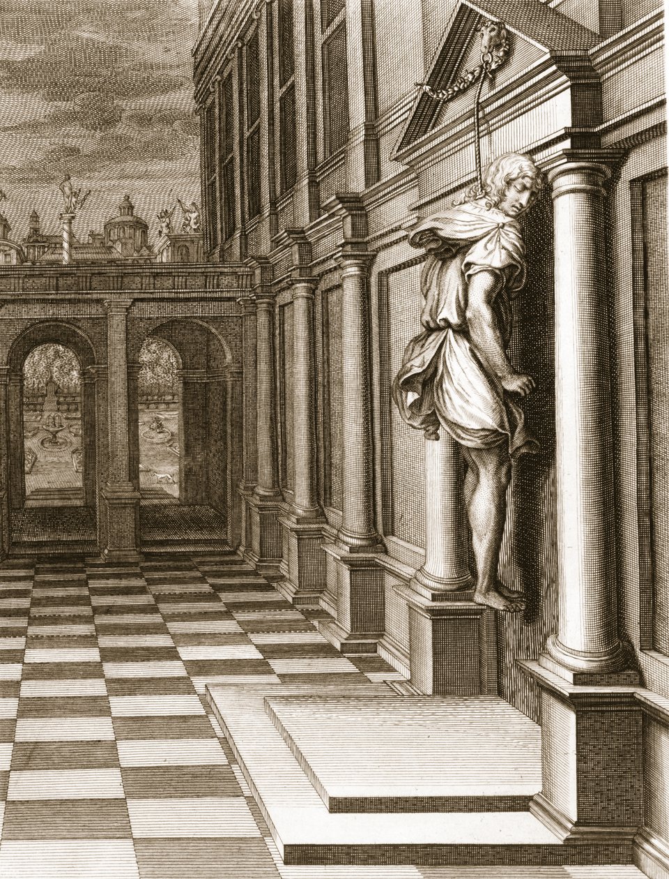 Iphis se enforca em desespero por não conseguir ganhar Anaxarete, 1731 de Bernard Picart