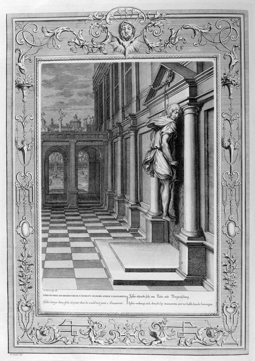 Iphis se desespera por não poder ganhar Anaxarete, 1733 de Bernard Picart