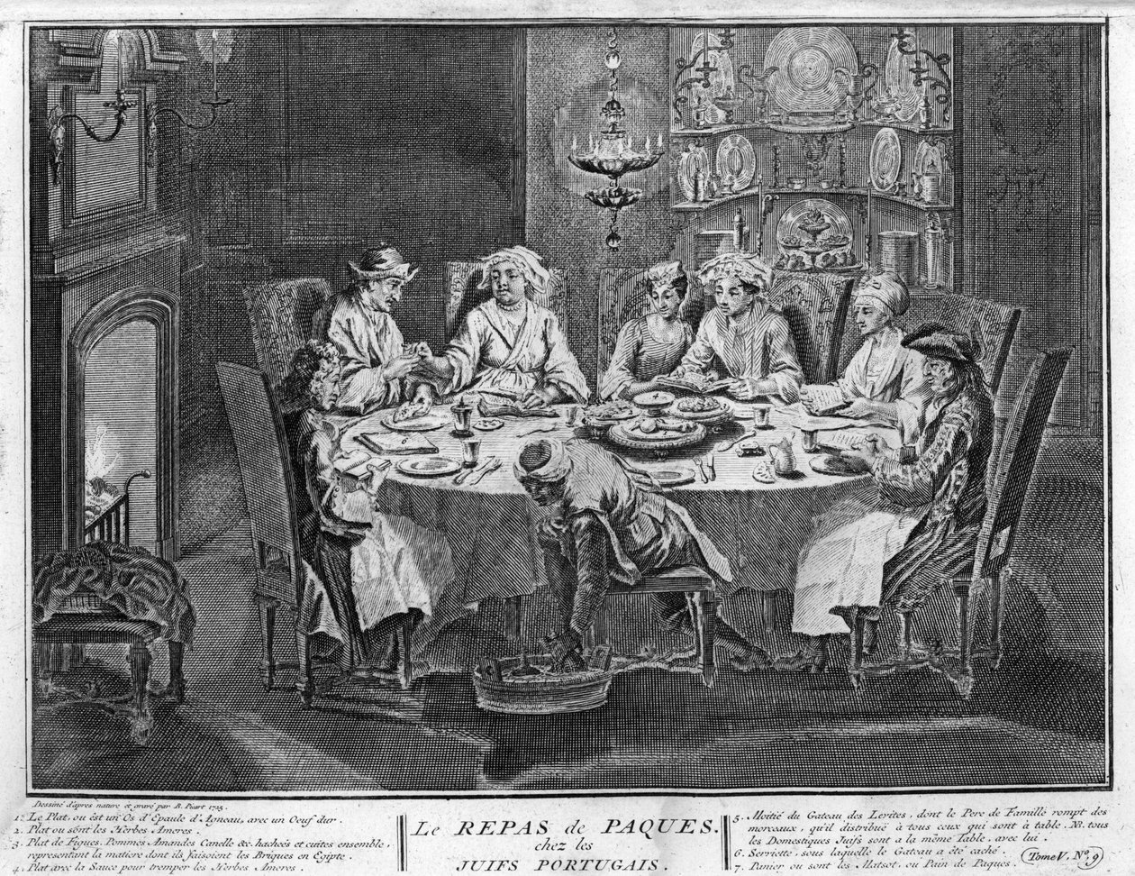 O judaísmo: Festa da Páscoa (ou Pessach) na comunidade judaica portuguesa Gravura de "Illustration de ceremonies et customs religieuses de tous les peuples du monde" de Bernard Picart (1723-1743) 1819 Coleção particular de Bernard Picart