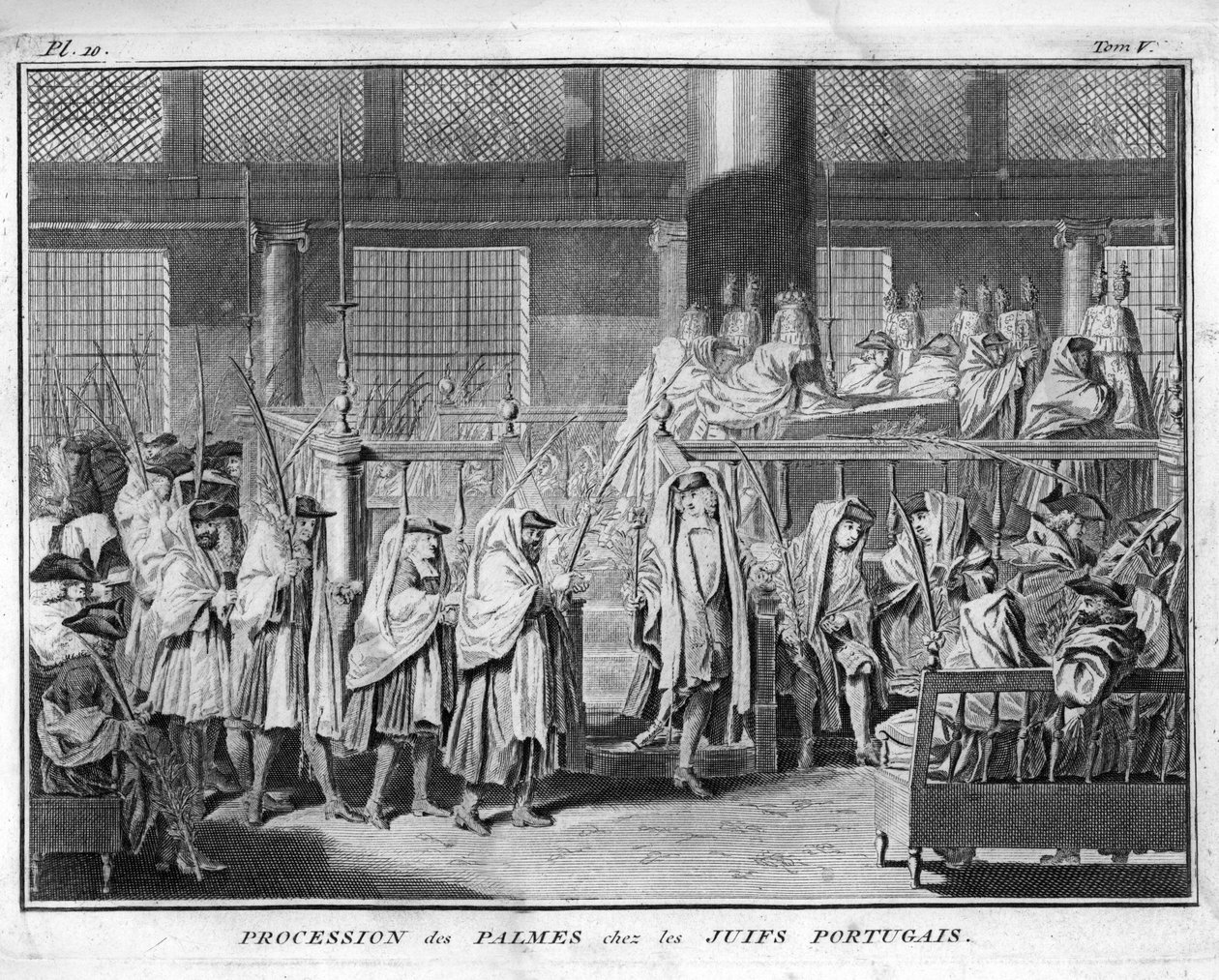 O judaísmo: Procissão das palmeiras celebrada na comunidade judaica portuguesa Gravura de "Illustration de ceremonies et customs religieuses de tous les peuples du monde" de Bernard Picart (1723-1743) 1819 Colecção privada de Bernard Picart