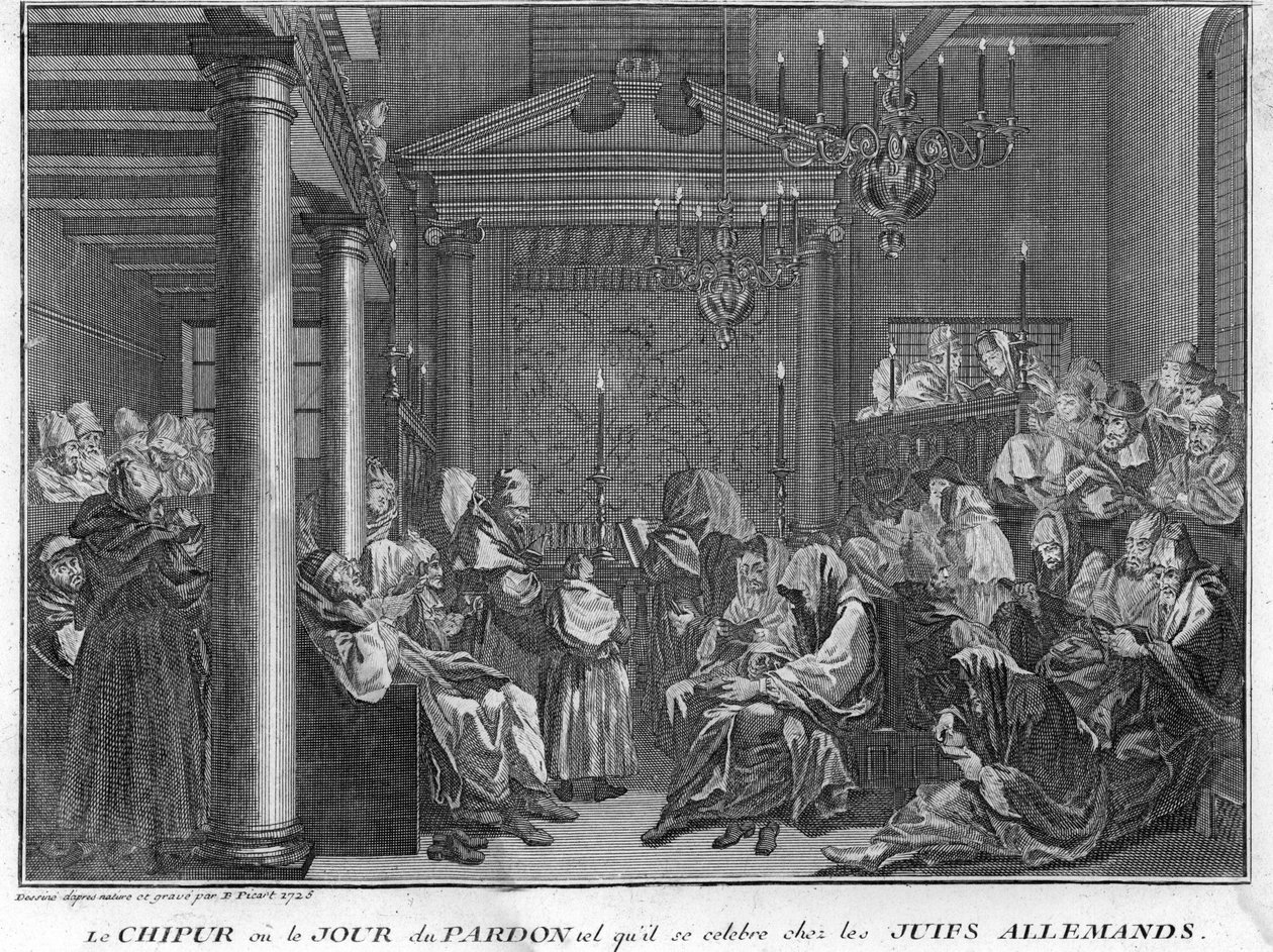 O judaísmo: A Festa de Chipur entre os judeus alemães (Yom Kippur, Dia da Expiação do povo judeu) Gravura de "Ilustração de Cerimônias e Costumes Religiosos de Todos os Povos do Mundo" de Bernard Picart (1723-1743) 1819 Coleção particular de Bernard Picart