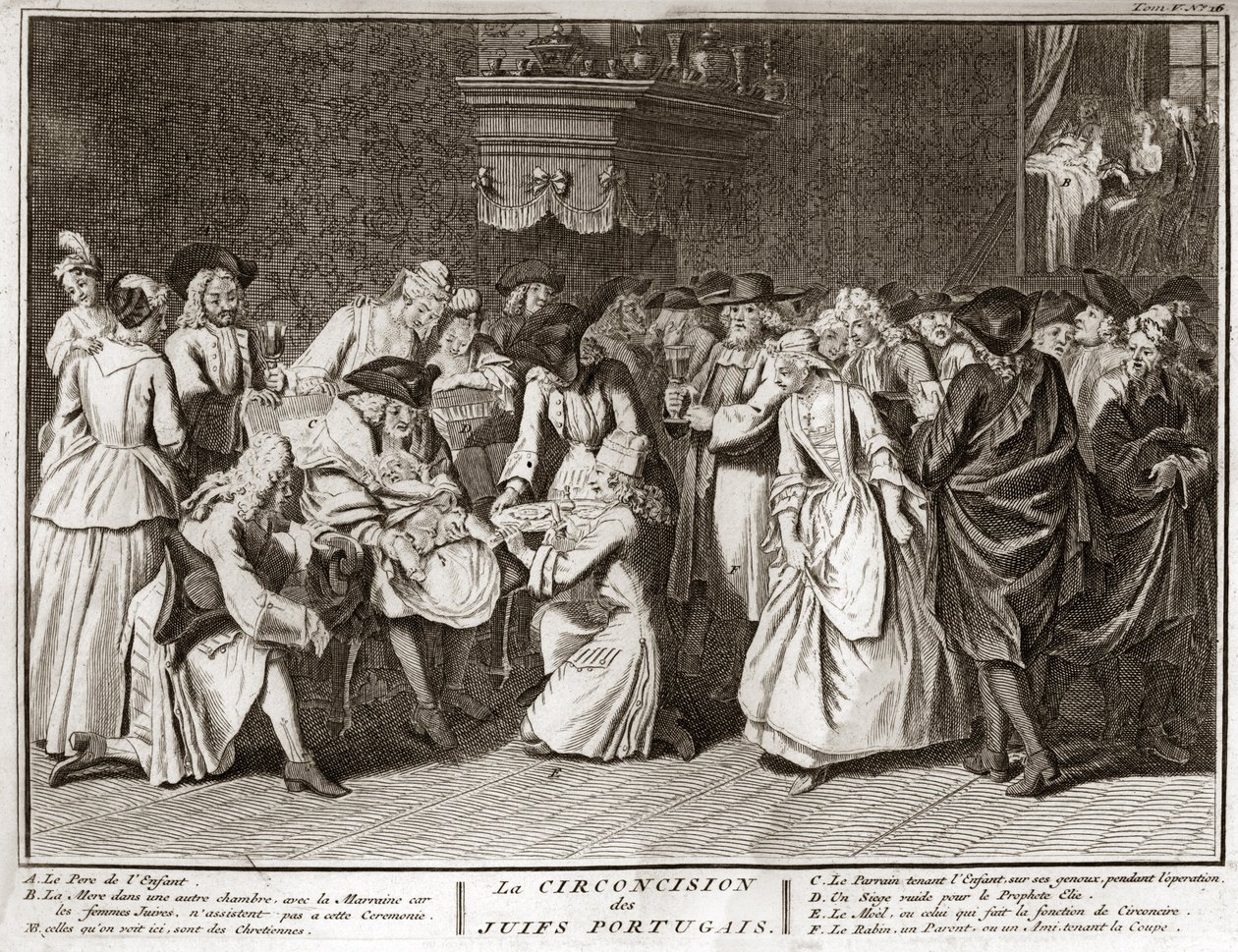 Judaísmo: cerimónia de circuncisão na comunidade judaica portuguesa Gravura de "Illustration de ceremonies et customs religieuses de tous les peuples du monde" de Bernard Picart (1723-1743) 1819 Colecção privada de Bernard Picart