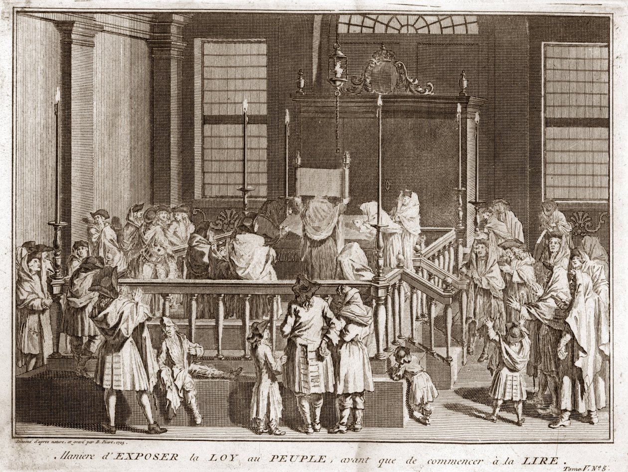 Judaísmo: exposição da Torá numa Sinagoga antes da leitura) Gravura de "Illustration de ceremonies et customs religieuses de tous les peuples du monde" de Bernard Picart (1723-1743) 1819 Colecção privada de Bernard Picart