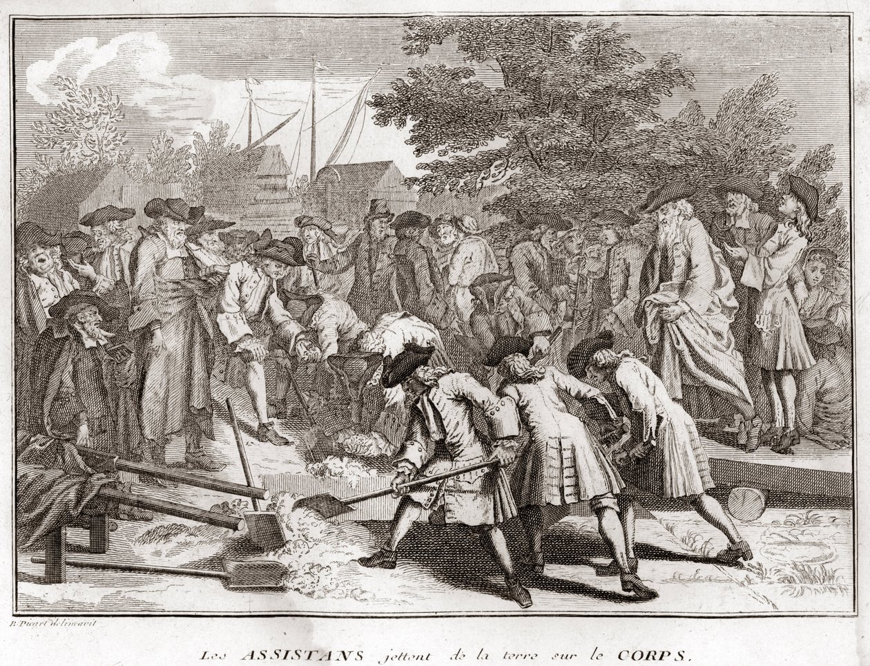 Judaísmo: os assistentes jogam terra no corpo durante o funeral (funeral judeu) Gravura de "Ilustração de cerimônias religiosas e costumes de todos os povos do mundo" por Bernard Picart (1723-1743) 1819 Coleção particular de Bernard Picart
