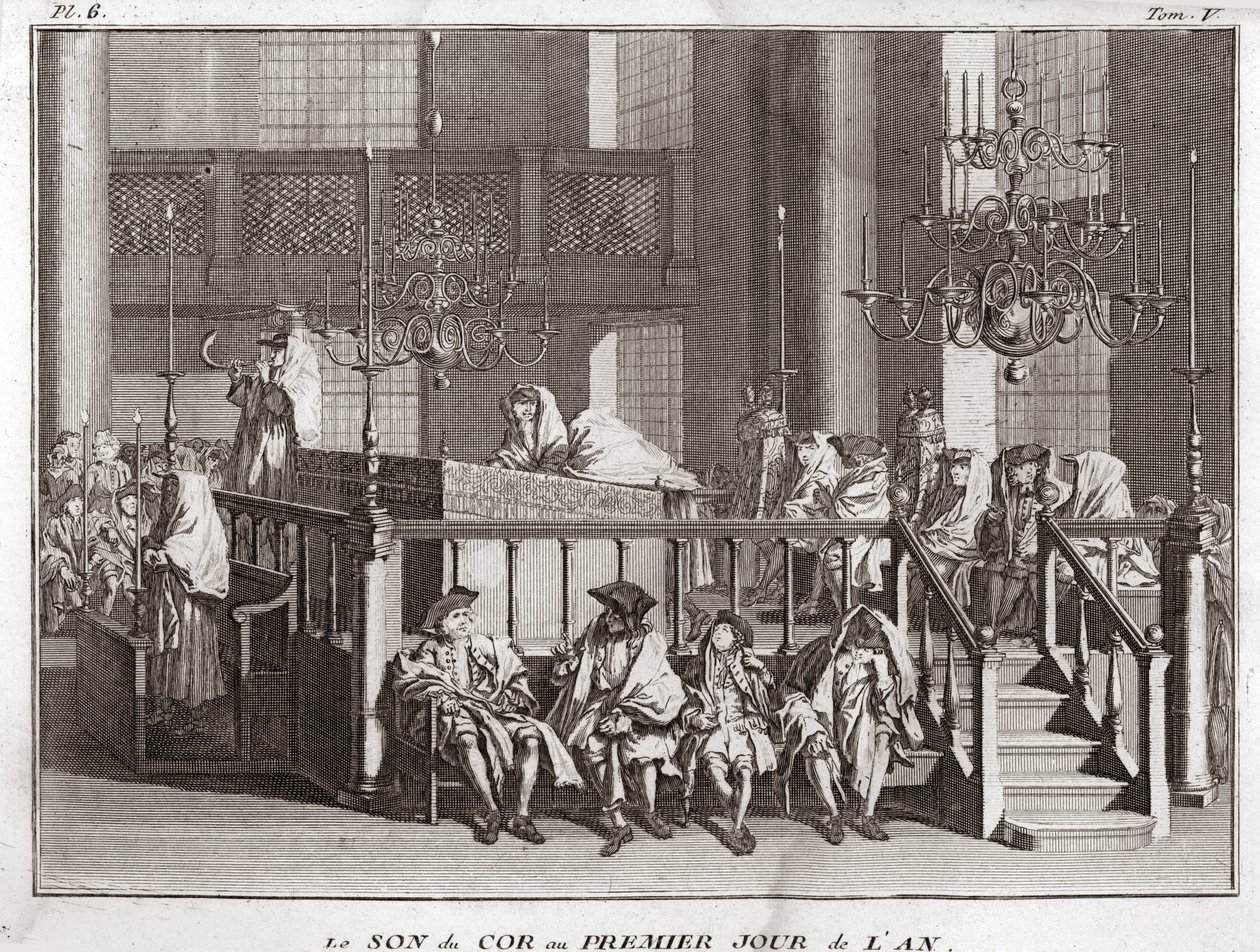 Judaísmo: o som da buzina no primeiro dia do ano ((som do schofar a Rosch ha-schana) (Festival de Ano Novo Judaico: Sopro da buzina do shofar em Rosh Hashana) Gravura da "Ilustração de cerimônias e costumes religiosos de todos os povos de Bernard Picart