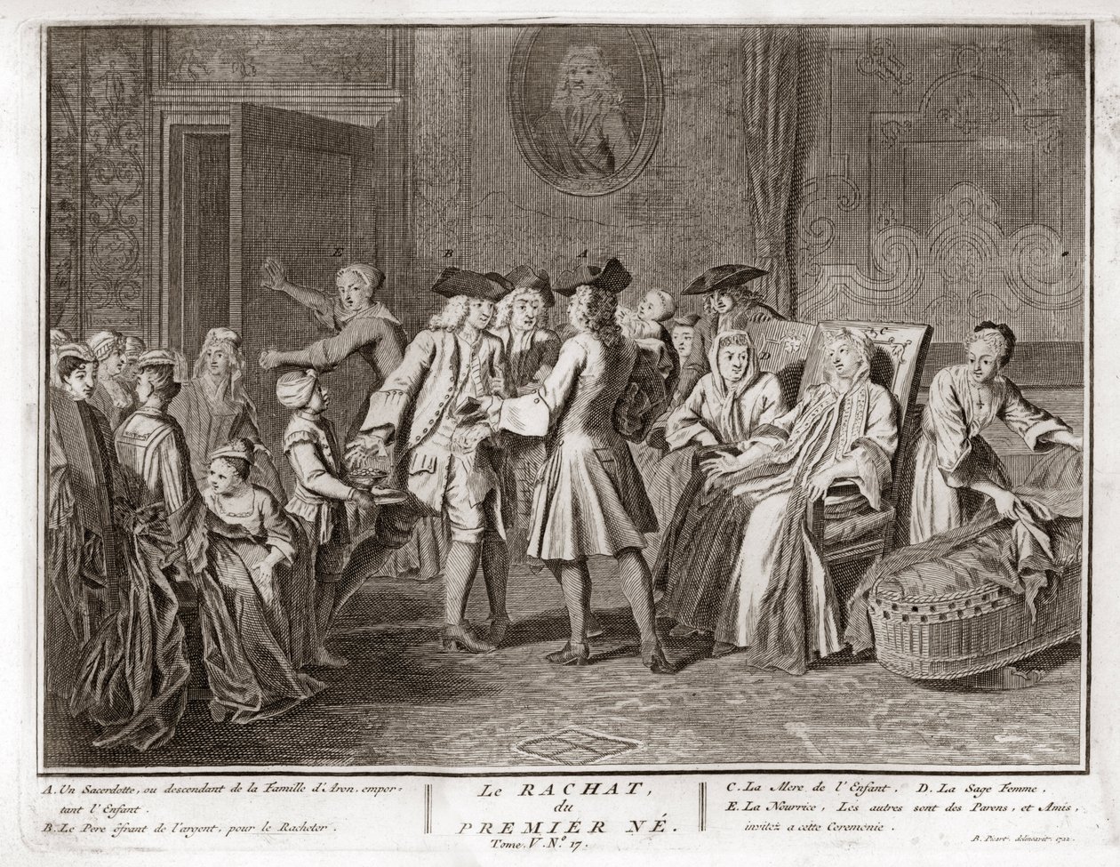 Judaísmo: a tradição da redenção do primogênito, um mitzvah no judaísmo em que um filho primogênito judeu é redimido pelo uso de moedas de prata de seu estado de santidade) Gravura de "Illustration de ceremonies et customs religieuses de to de Bernard Picart