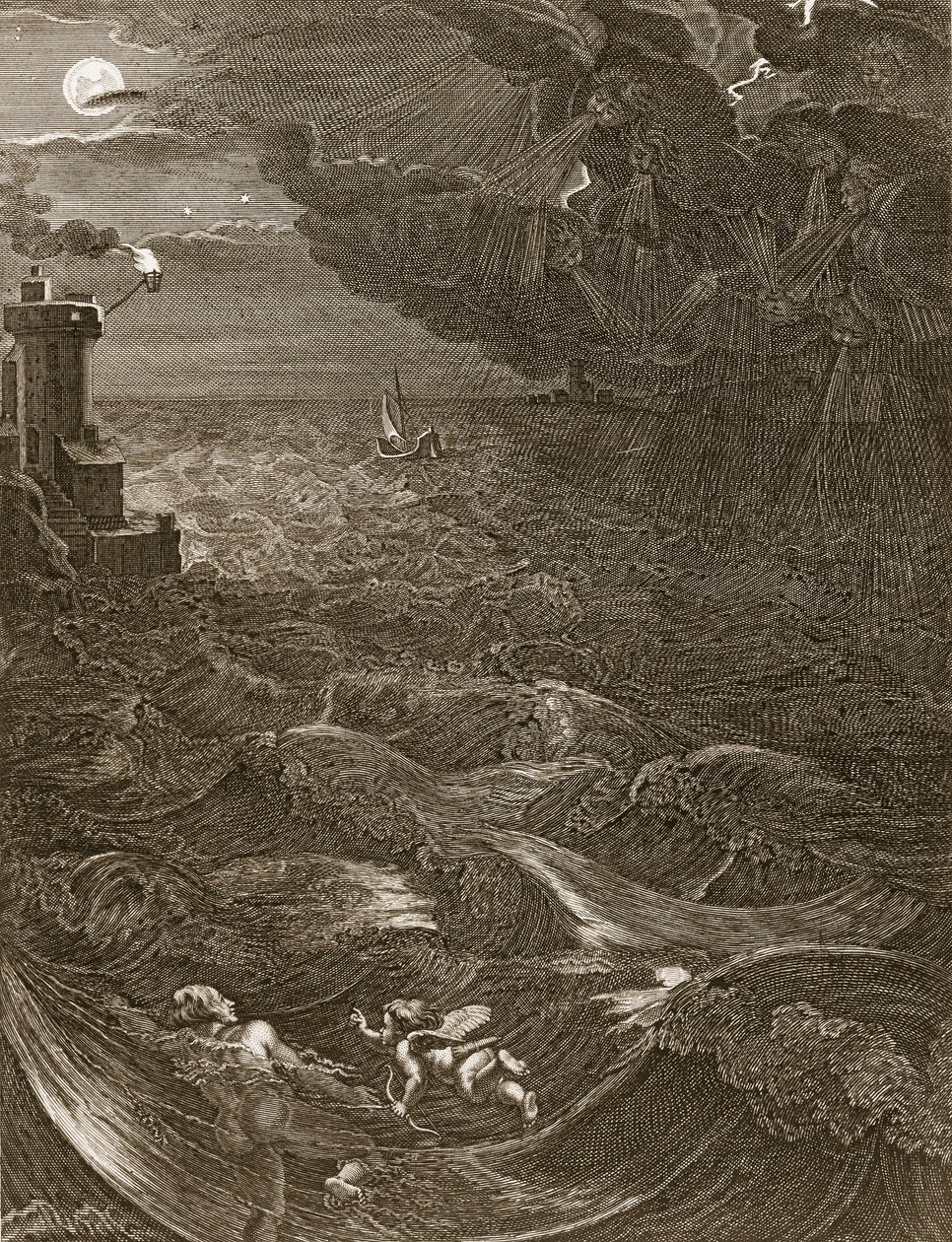 Leander nada sobre o Helesponto para encontrar seu herói amante, 1730 de Bernard Picart