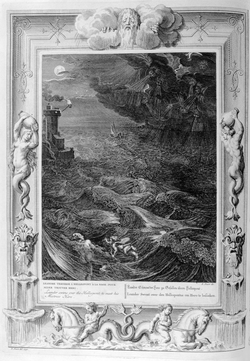 Leander nada sobre o Hellespont para encontrar seu herói amante, 1733 de Bernard Picart