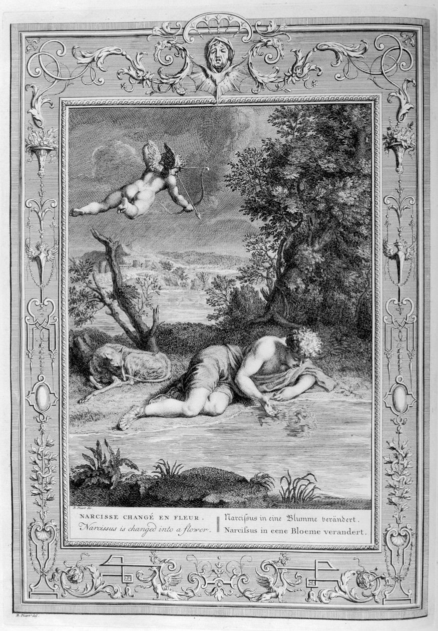 Narciso apaixonado por seu próprio reflexo, 1733 de Bernard Picart